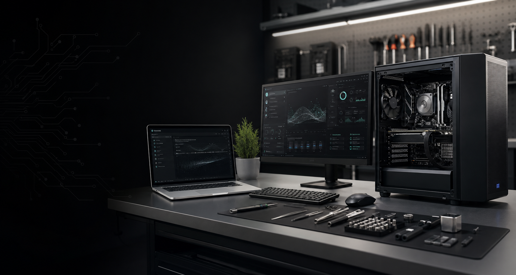 Modern computer service workstation with diagnostics equipment